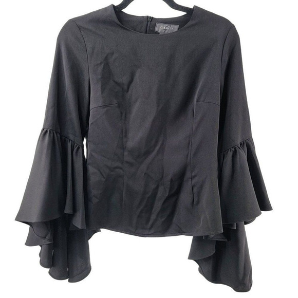 Gracia Black Ruffle Bell Sleeve Top Blouse Zip Up Black Women's Size Small - Picture 2 of 7
